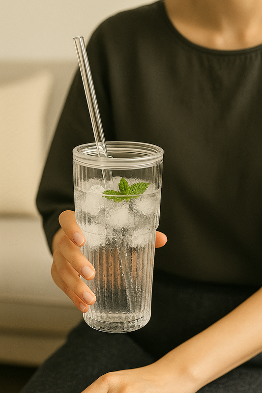 600ML Stripe Glass Coffee Cup with Lid & Straw