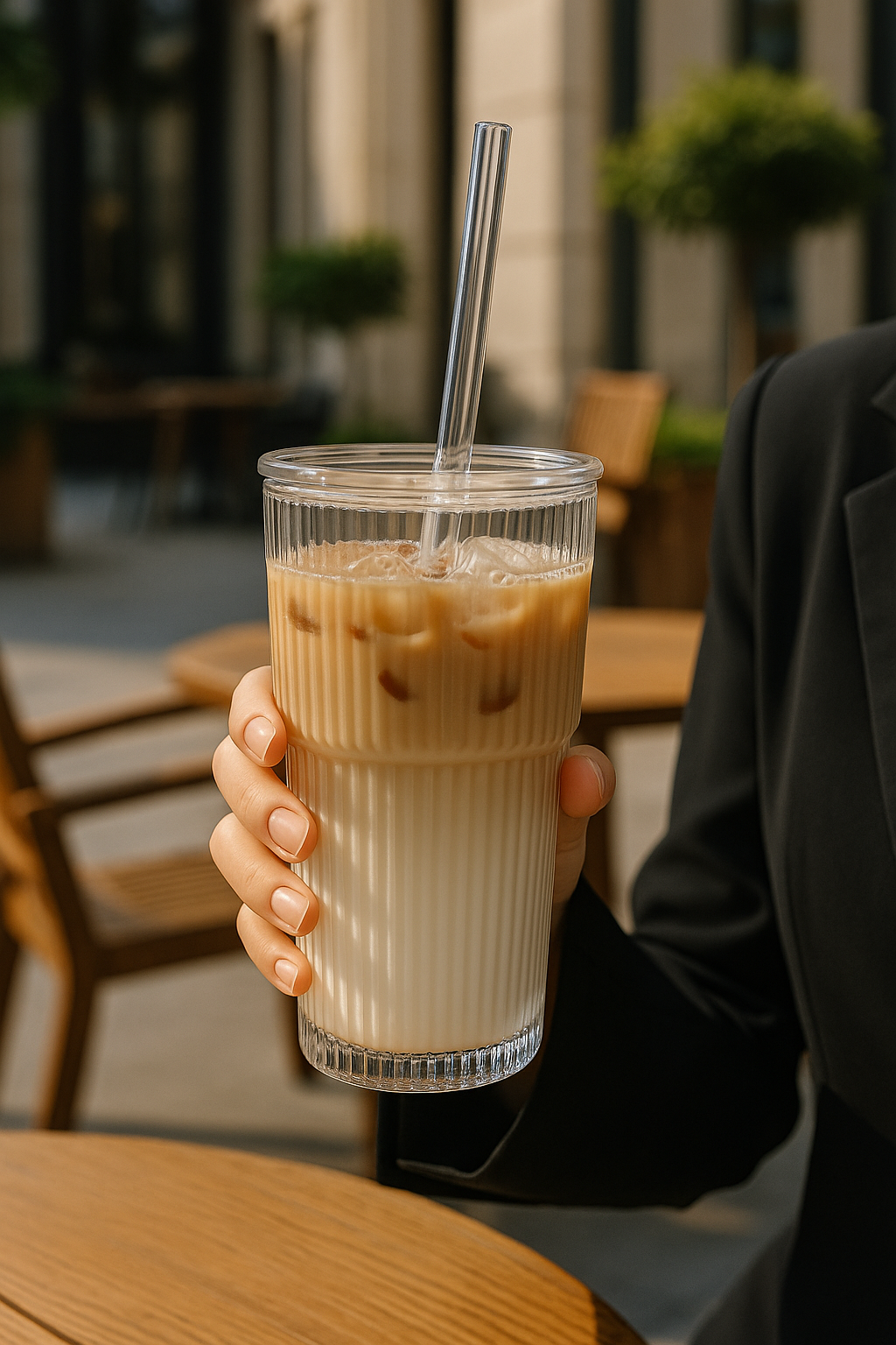 600ML Stripe Glass Coffee Cup with Lid & Straw