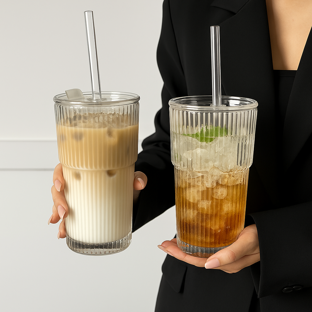 600ML Stripe Glass Coffee Cup with Lid & Straw