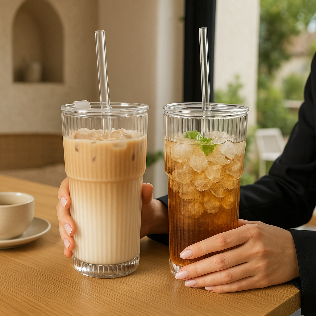 600ML Stripe Glass Coffee Cup with Lid & Straw