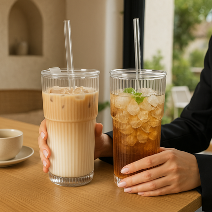 600ML Stripe Glass Coffee Cup with Lid & Straw