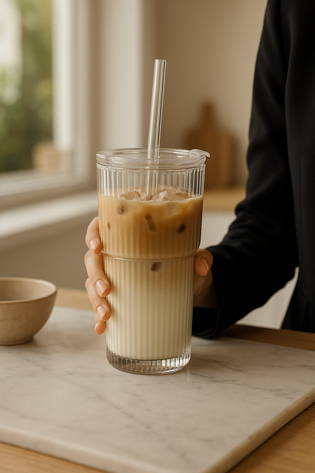 600ML Stripe Glass Coffee Cup with Lid & Straw