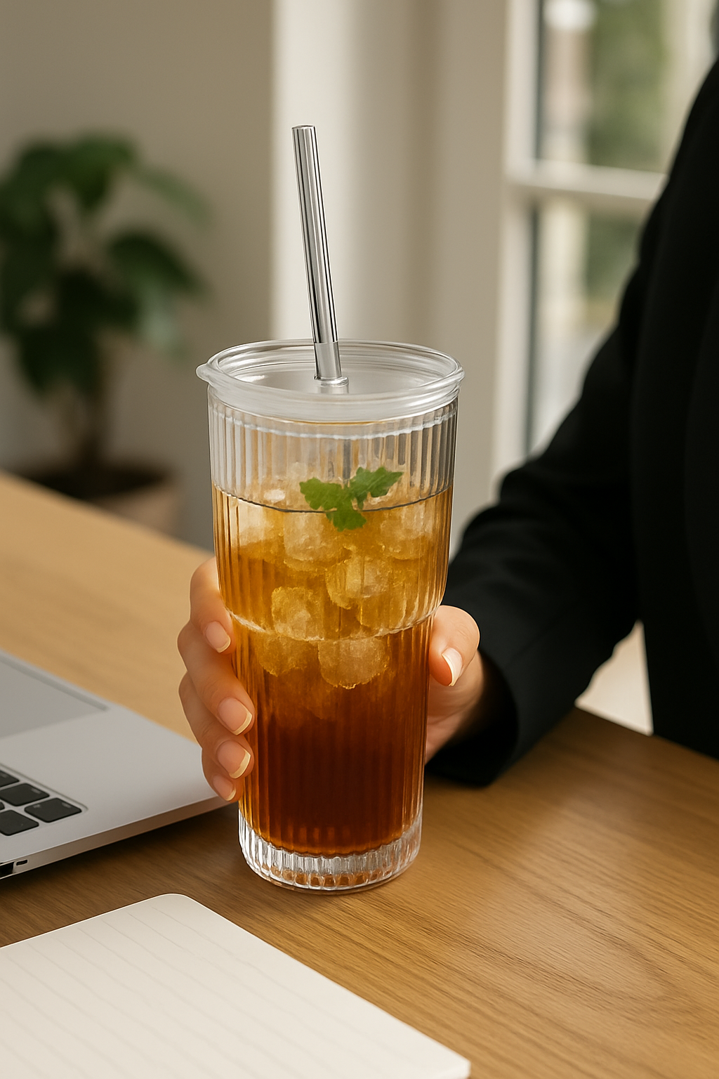 600ML Stripe Glass Coffee Cup with Lid & Straw