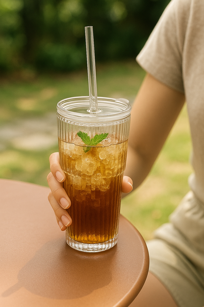 600ML Stripe Glass Coffee Cup with Lid & Straw
