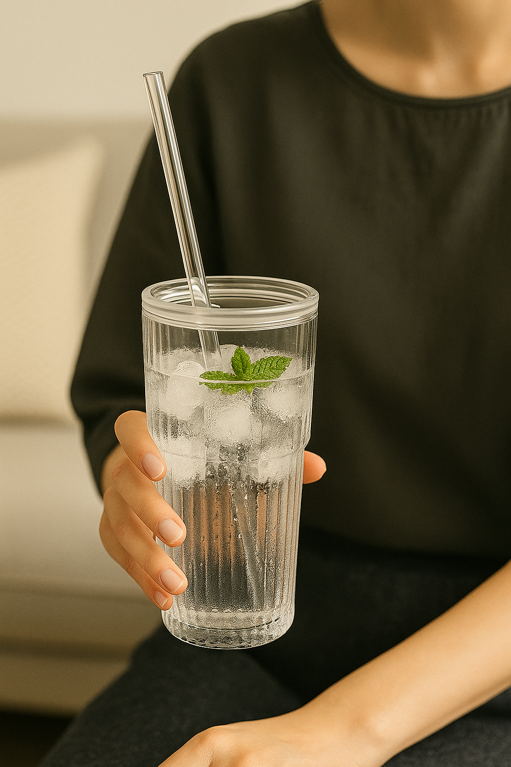 600ML Stripe Glass Coffee Cup with Lid & Straw